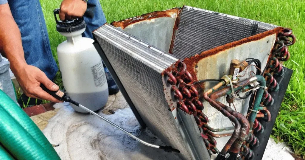 Técnico aplicando produto higienizante na serpentina da evaporadora de ar condicionado split
