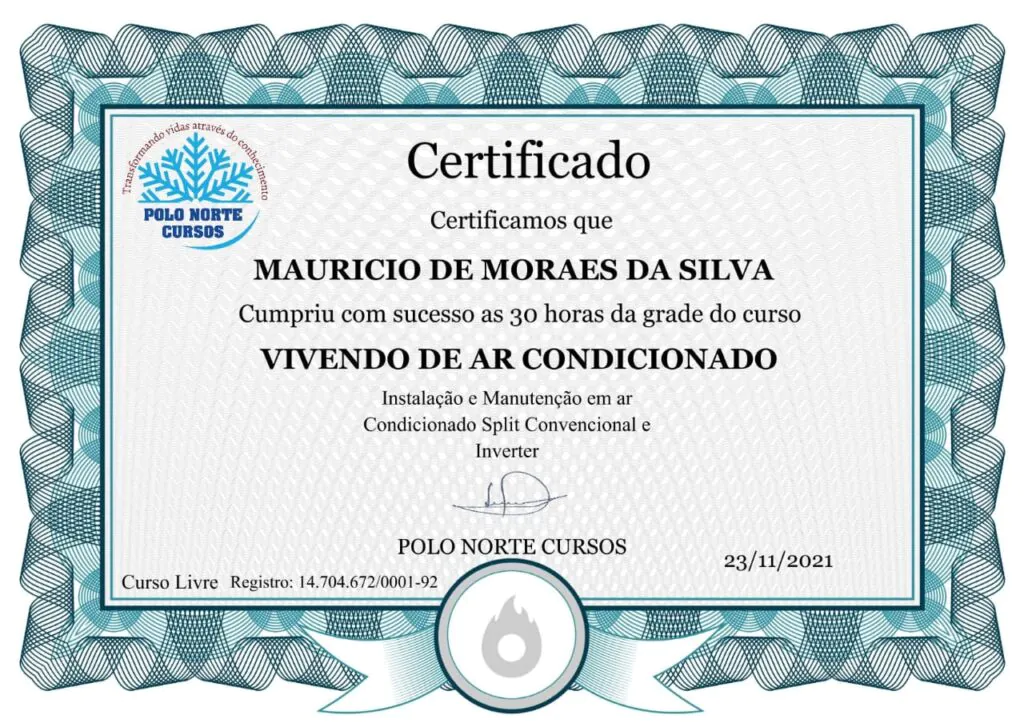 Certificado do Curso de Ar Condicionado - Curso de Ar Condicionado