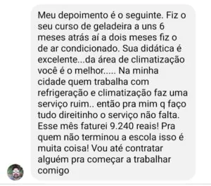 Avaliação 5 estrelas de aluno no curso de ar condicionado e refrigeração — faturamento com serviços de climatização